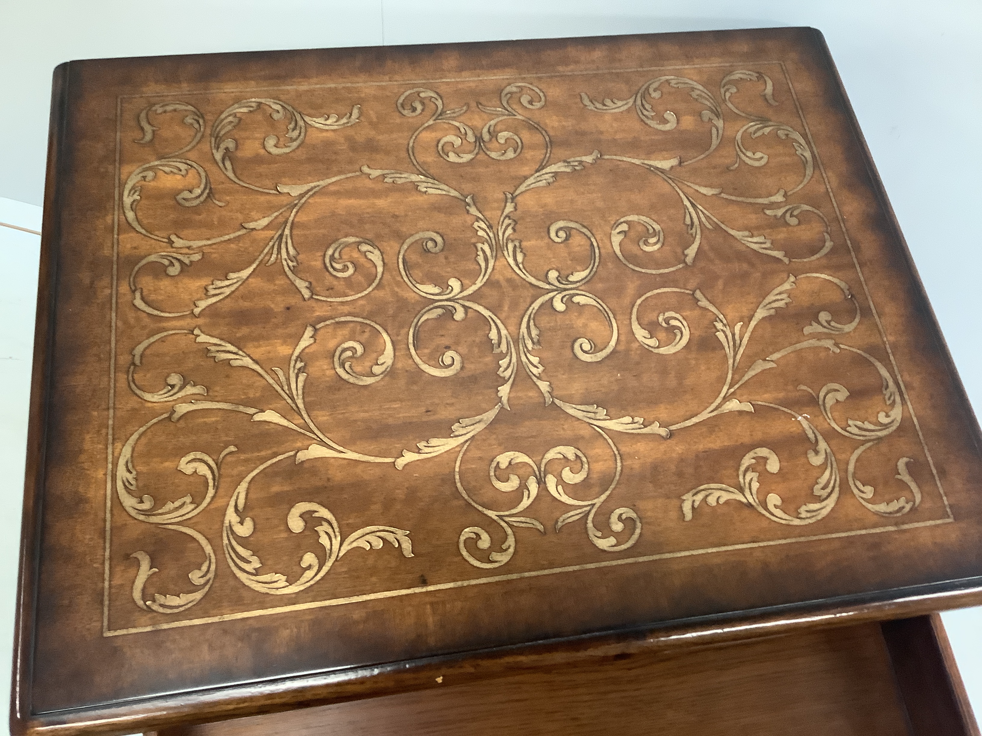 A Theodore Alexander faux marquetry two tier side table, width 66cm, depth 51cm, height 72cm
